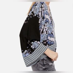 NWOT Free People Floral V-Neck Blouse Bell Sleeve Sz L